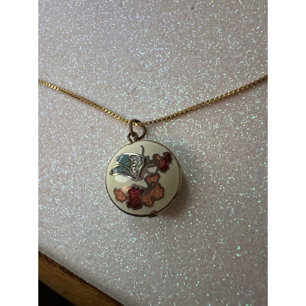 Vintage Enamel Butterfly & Floral Pendant on 925 Gold-Plated Sterling Chain